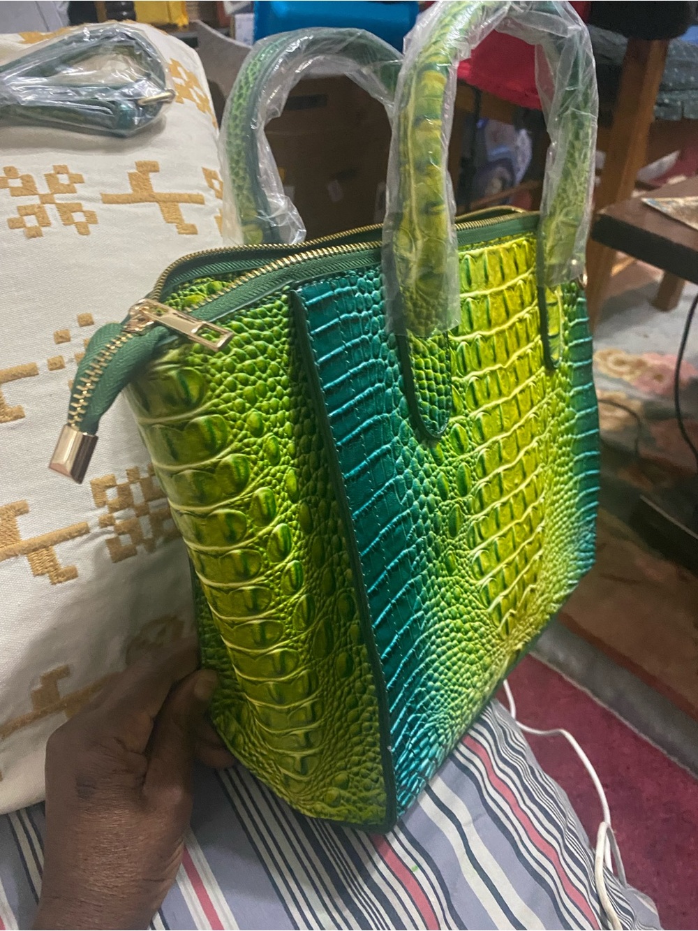 Croc-Embossed Gradient Satchel in Lime & Teal
